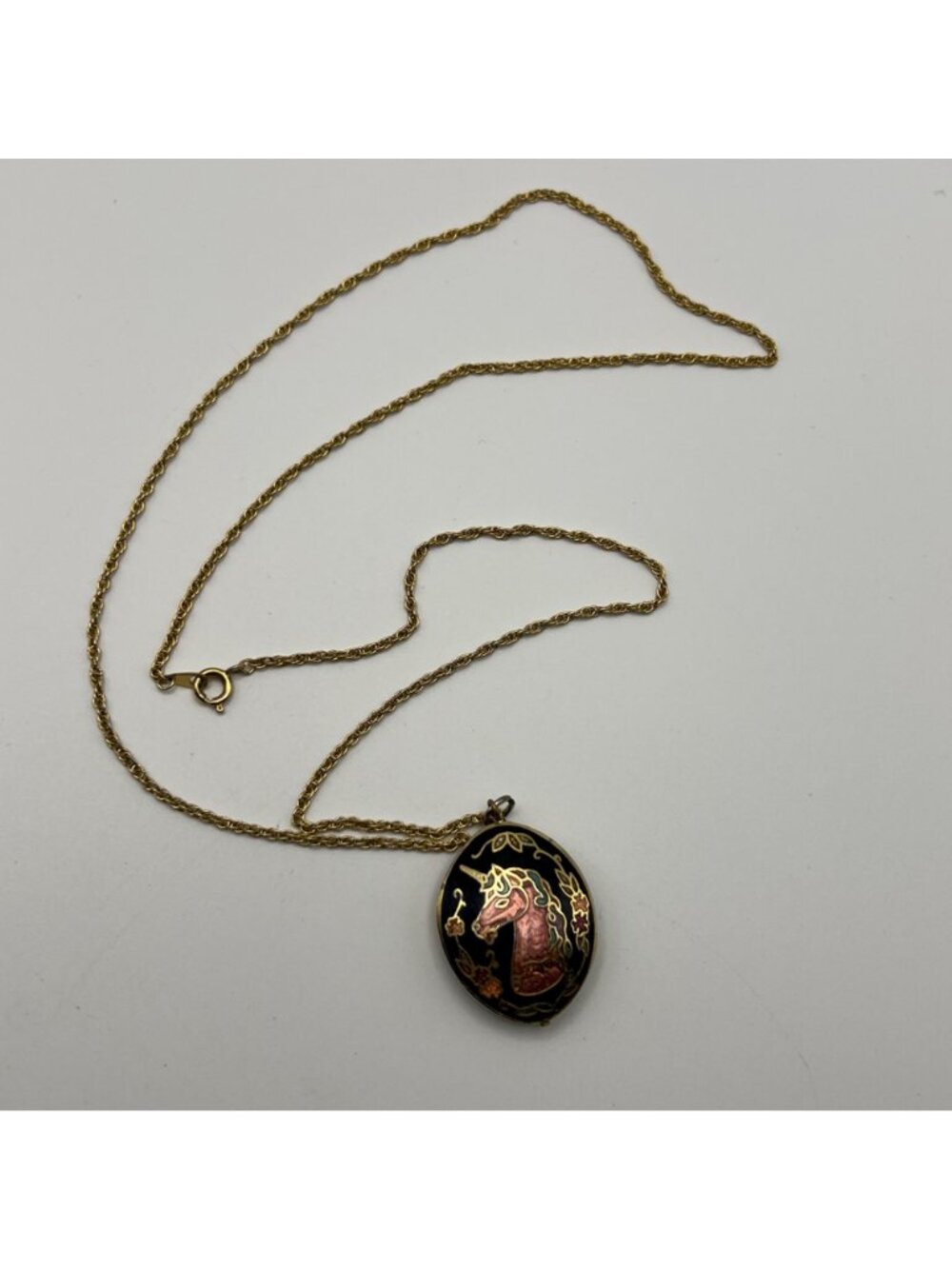Vintage Unicorn Pendant Necklace Gold-Tone Cloisonne Black Double Sided Oval 23" - Picture 4 of 10